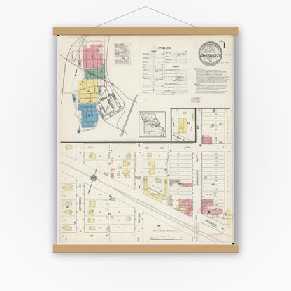 Old map wall art mockup — magnetic wood frame on white wall — Sanborn Fire Insurance Map from Crystal City, Jefferson County, Missouri (1915) - Complete Map Set