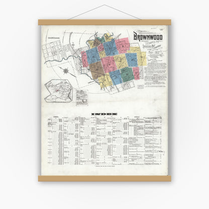 Old map wall art mockup — magnetic wood frame on white wall — Sanborn Fire Insurance Map from Brownwood, Brown County, Texas (1923) - Complete Map Set