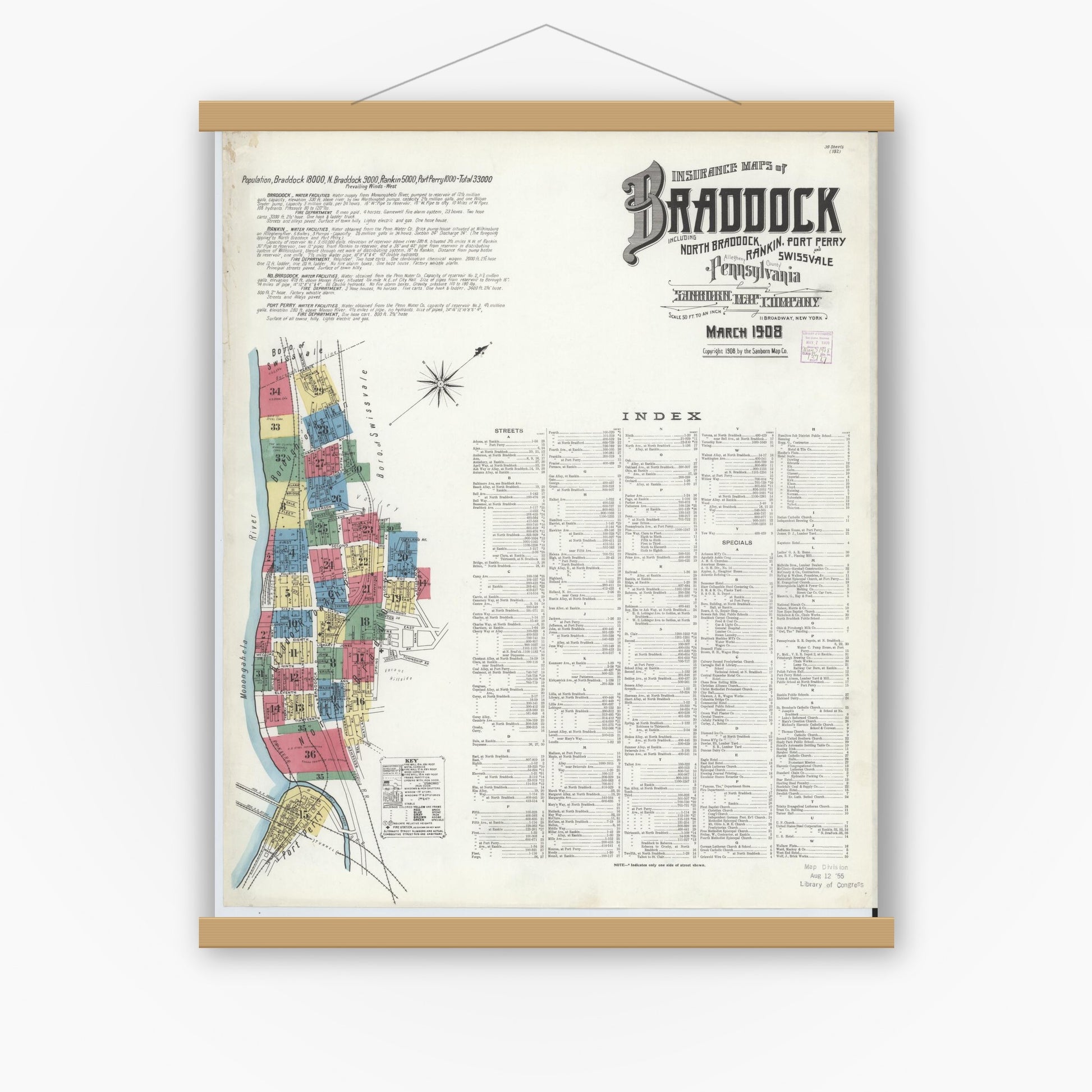 Old map wall art mockup — magnetic wood frame on white wall — Sanborn Fire Insurance Map from Braddock, Allegheny County, Pennsylvania (1908) - Complete Map Set