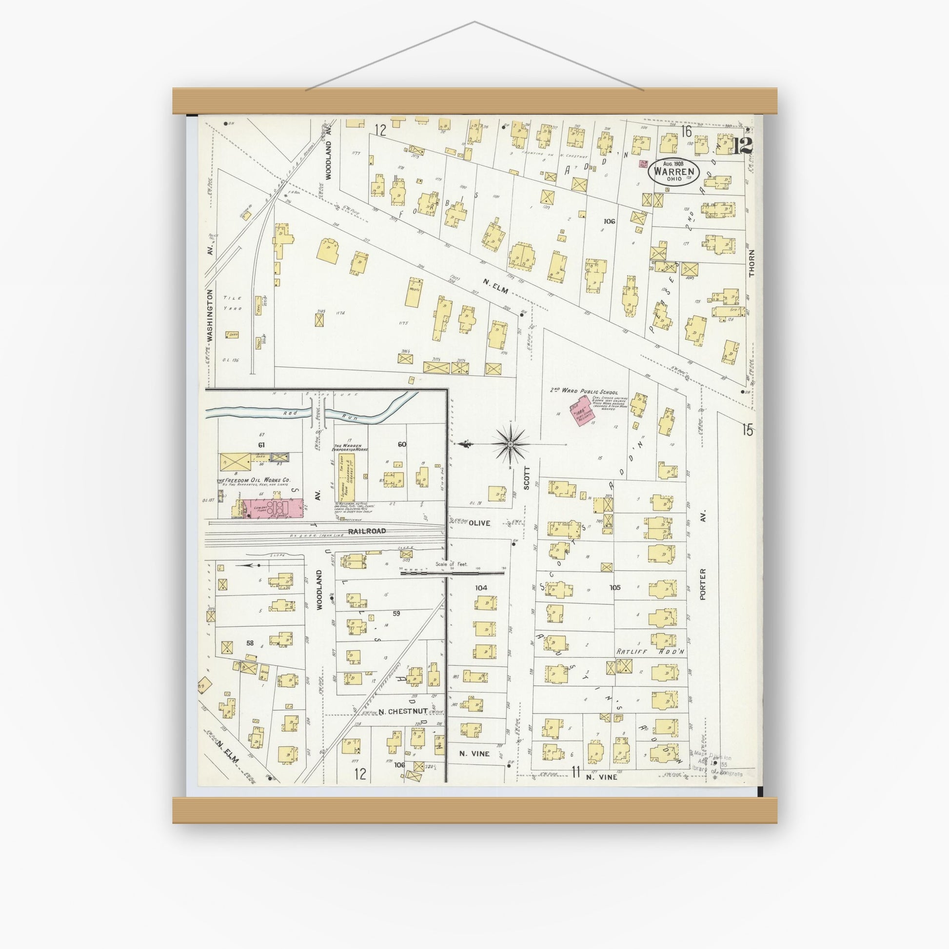 Old map wall art mockup — magnetic wood frame on white wall — Sanborn Fire Insurance Map from Warren, Trumbull County, Ohio (1908), Sheet #0012