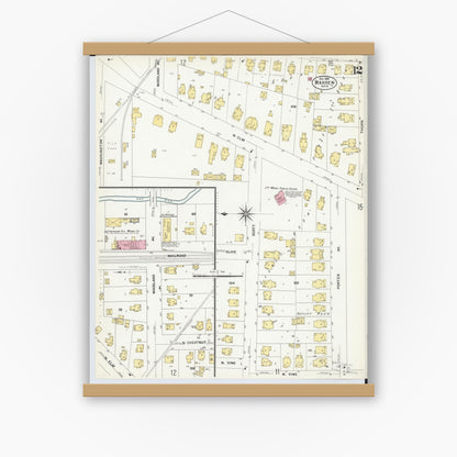 Old map wall art mockup — magnetic wood frame on white wall — Sanborn Fire Insurance Map from Warren, Trumbull County, Ohio (1908), Sheet #0012