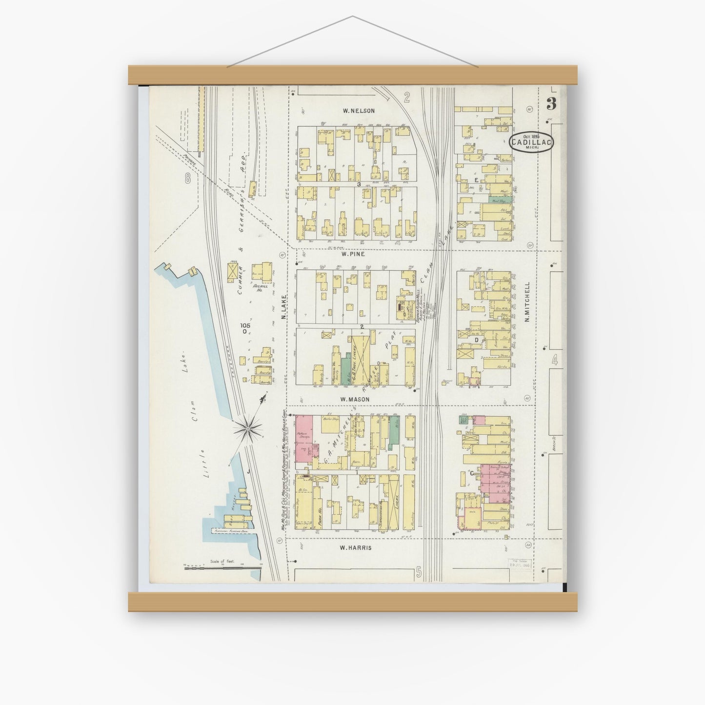 Old map wall art mockup — magnetic wood frame on white wall — Sanborn Fire Insurance Map from Cadillac, Wexford County, Michigan (1895), Sheet #0003