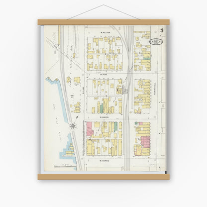 Old map wall art mockup — magnetic wood frame on white wall — Sanborn Fire Insurance Map from Cadillac, Wexford County, Michigan (1895), Sheet #0003