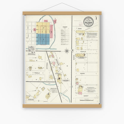 Old map wall art mockup — magnetic wood frame on white wall — Sanborn Fire Insurance Map from Golconda, Pope County, Illinois (1907), Sheet #0001