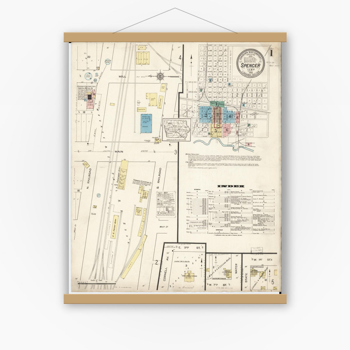 Old map wall art mockup — magnetic wood frame on white wall — Sanborn Fire Insurance Map from Spencer, Clay County, Iowa (1915) â€” Complete Set