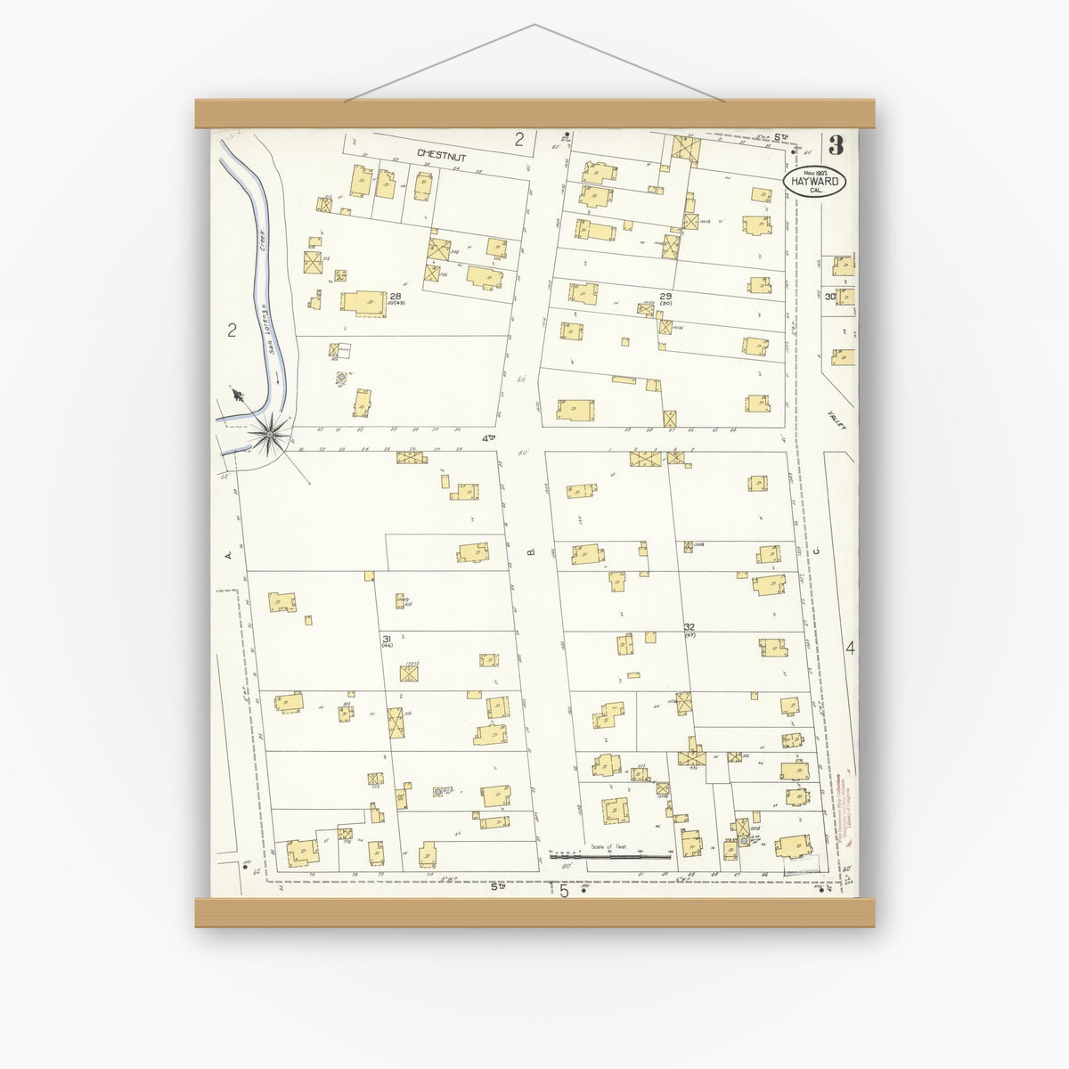 Old map wall art mockup — magnetic wood frame on white wall — Sanborn Fire Insurance Map from Hayward, Alameda County, California (1907), Sheet #0003