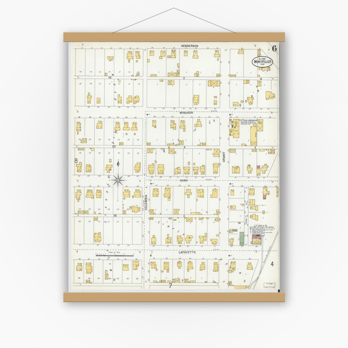 Old map wall art mockup — magnetic wood frame on white wall — Sanborn Fire Insurance Map from Montpelier, Blackford County, Indiana (1900), Sheet #0006