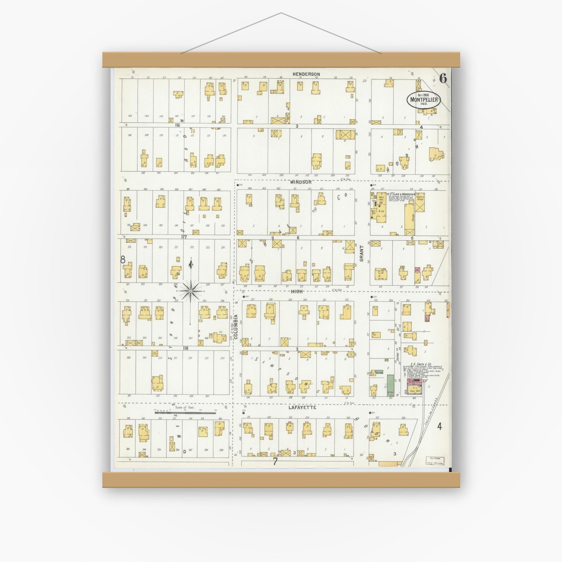 Old map wall art mockup — magnetic wood frame on white wall — Sanborn Fire Insurance Map from Montpelier, Blackford County, Indiana (1900), Sheet #0006