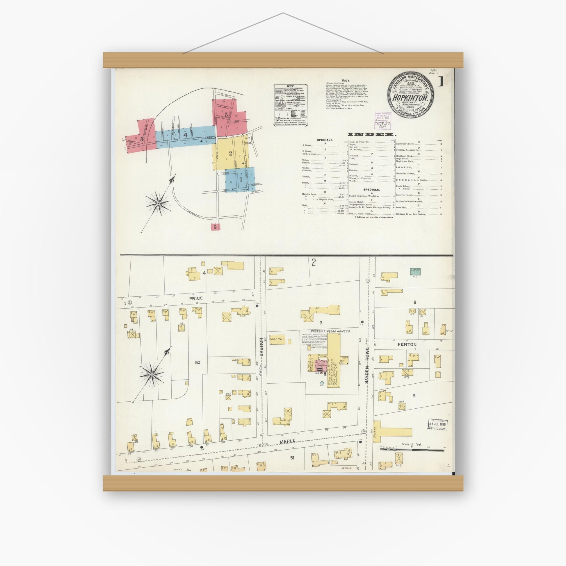 Old map wall art mockup — magnetic wood frame on white wall — Sanborn Fire Insurance Map from Hopkinton, Middlesex County, Massachusetts (1904), Sheet #0001