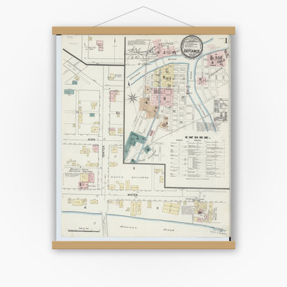 Old map wall art mockup — magnetic wood frame on white wall — Sanborn Fire Insurance Map from Defiance, Defiance County, Ohio (1888) - Complete Map Set