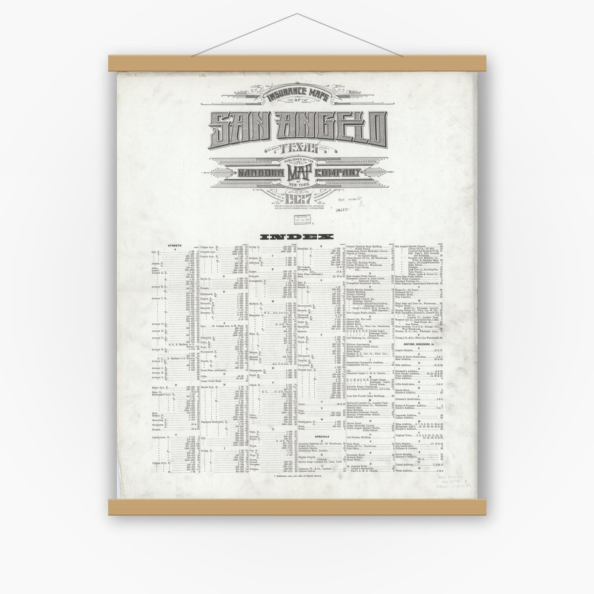 Old map wall art mockup — magnetic wood frame on white wall — Sanborn Fire Insurance Map from San Angelo, Tom Green County, Texas (1927), Sheet #0001