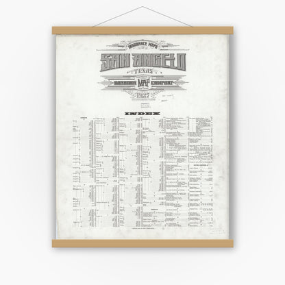 Old map wall art mockup — magnetic wood frame on white wall — Sanborn Fire Insurance Map from San Angelo, Tom Green County, Texas (1927), Sheet #0001