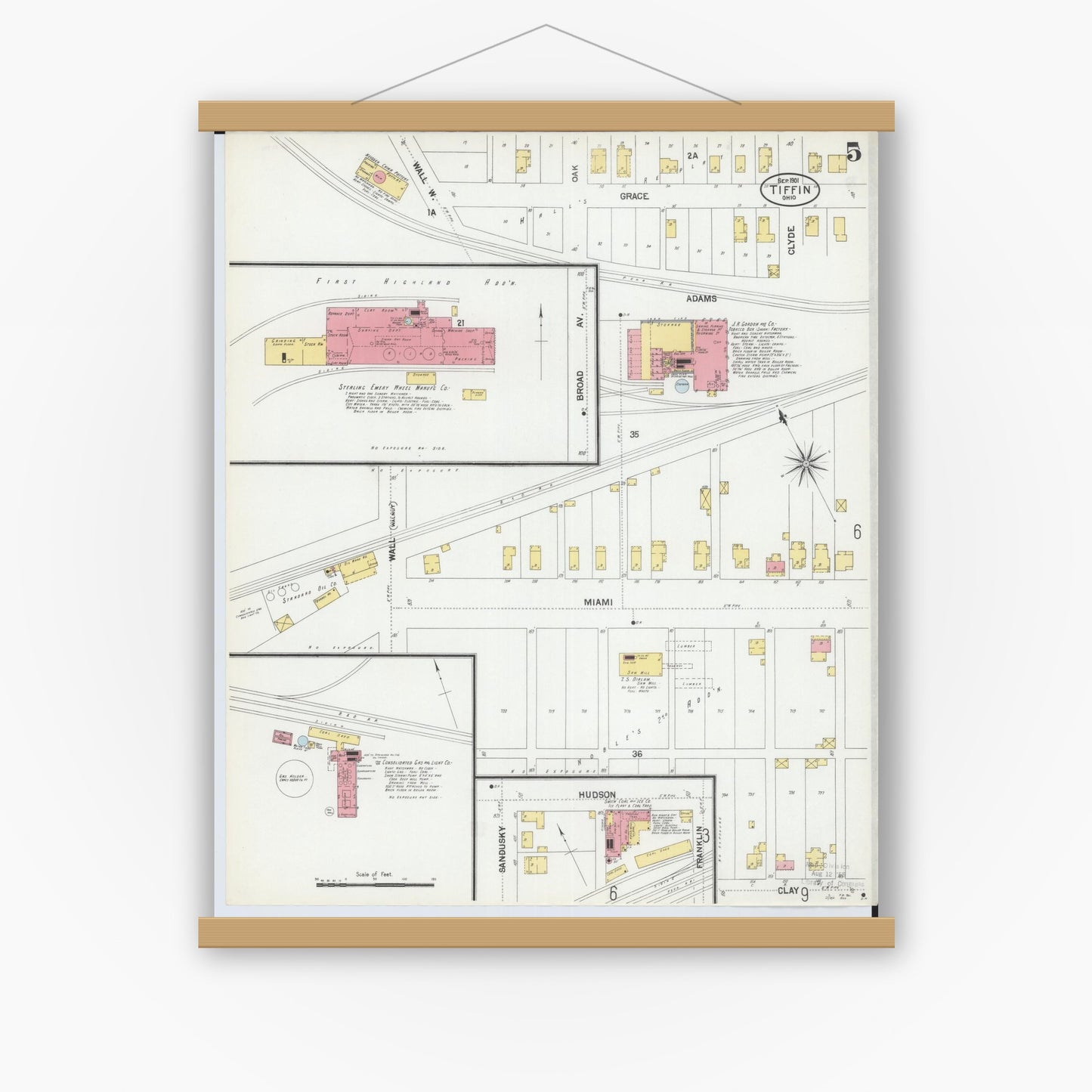 Old map wall art mockup — magnetic wood frame on white wall — Sanborn Fire Insurance Map from Tiffin, Seneca County, Ohio (1901), Sheet #0005