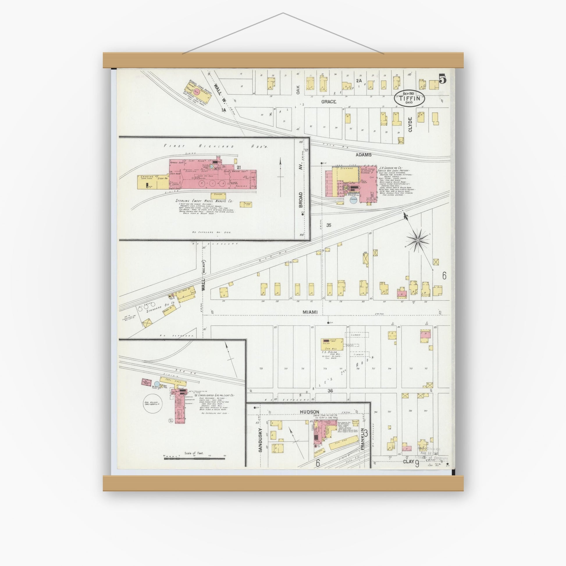 Old map wall art mockup — magnetic wood frame on white wall — Sanborn Fire Insurance Map from Tiffin, Seneca County, Ohio (1901), Sheet #0005