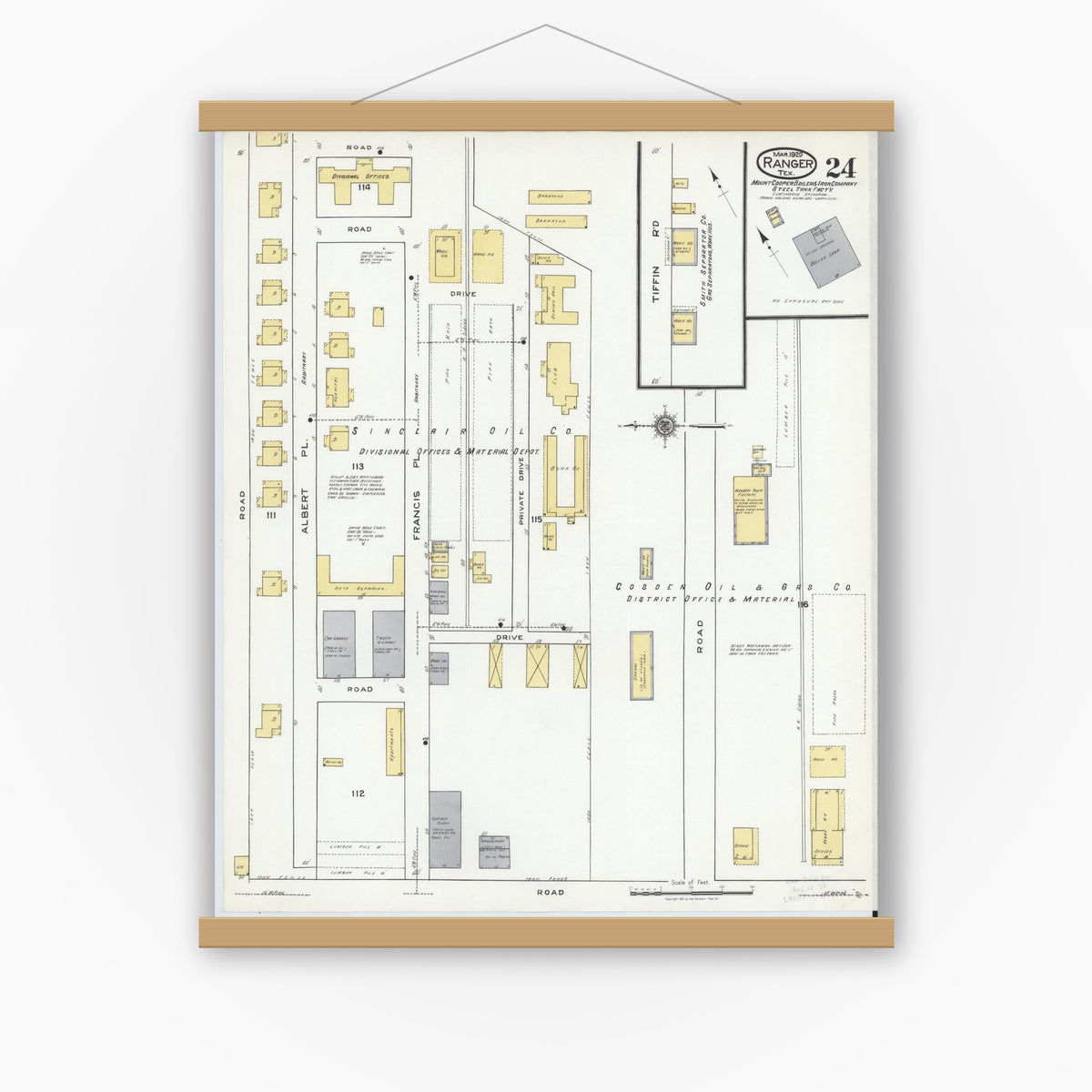 Old map wall art mockup — magnetic wood frame on white wall — Sanborn Fire Insurance Map from Ranger, Eastland County, Texas (1920), Sheet #0024