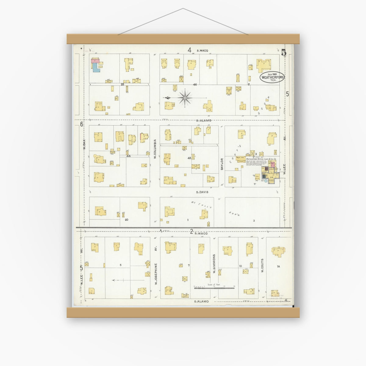Old map wall art mockup — magnetic wood frame on white wall — Sanborn Fire Insurance Map from Weatherford, Parker County, Texas (1905), Sheet #0005