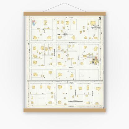 Old map wall art mockup — magnetic wood frame on white wall — Sanborn Fire Insurance Map from Weatherford, Parker County, Texas (1905), Sheet #0005