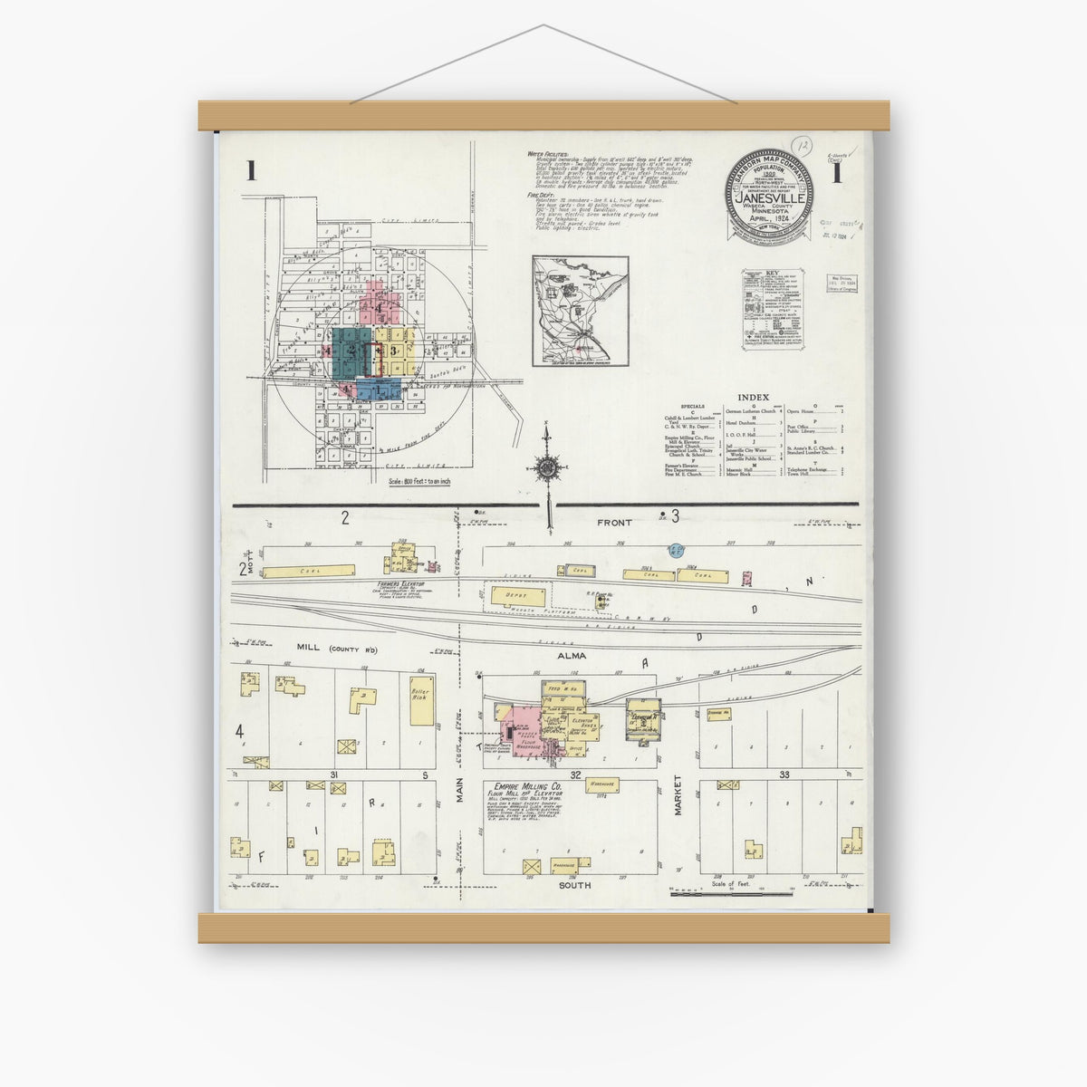 Old map wall art mockup — magnetic wood frame on white wall — Sanborn Fire Insurance Map from Janesville, Waseca County, Minnesota (1924) - Complete Map Set
