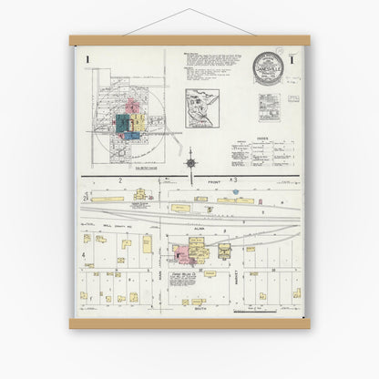 Old map wall art mockup — magnetic wood frame on white wall — Sanborn Fire Insurance Map from Janesville, Waseca County, Minnesota (1924) - Complete Map Set