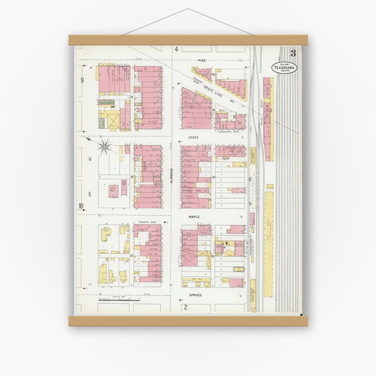 Old map wall art mockup — magnetic wood frame on white wall — Sanborn Fire Insurance Map from Texarkana, Bowie County, Texas (1900), Sheet #0003