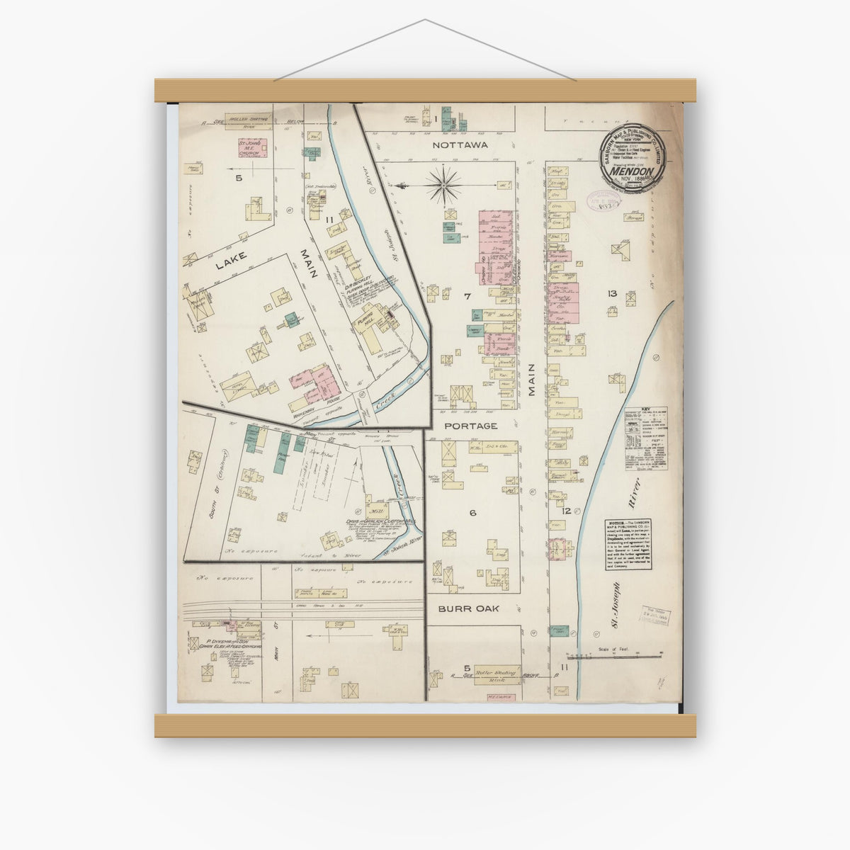 Old map wall art mockup — magnetic wood frame on white wall — Sanborn Fire Insurance Map from Mendon, Saint Joseph County, Michigan (1884), Sheet #0001