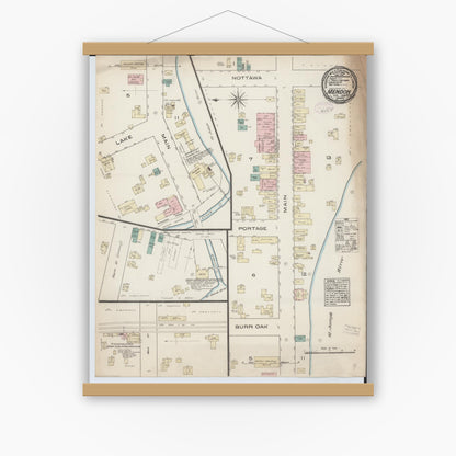 Old map wall art mockup — magnetic wood frame on white wall — Sanborn Fire Insurance Map from Mendon, Saint Joseph County, Michigan (1884), Sheet #0001