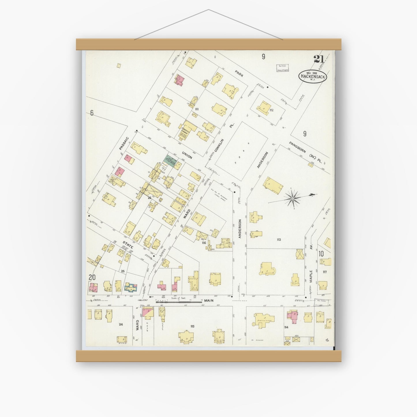 Old map wall art mockup — magnetic wood frame on white wall — Sanborn Fire Insurance Map from Hackensack, Bergen County, New Jersey (1908), Sheet #0021