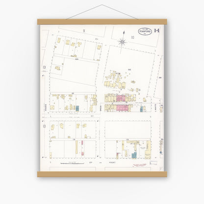 Old map wall art mockup — magnetic wood frame on white wall — Sanborn Fire Insurance Map from Hanford, Kings County, California (1898), Sheet #0014