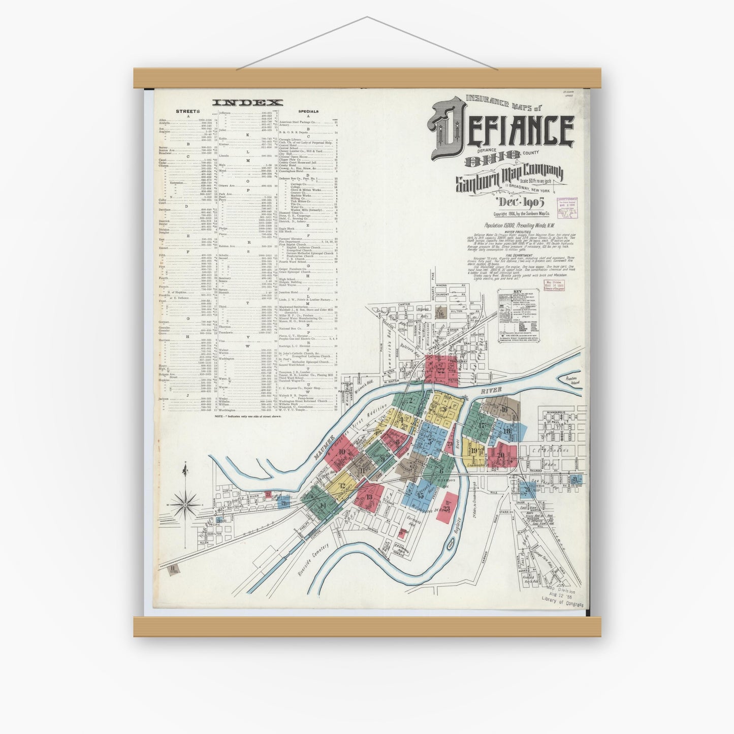Old map wall art mockup — magnetic wood frame on white wall — Sanborn Fire Insurance Map from Defiance, Defiance County, Ohio (1905), Sheet #0001