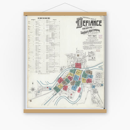 Old map wall art mockup — magnetic wood frame on white wall — Sanborn Fire Insurance Map from Defiance, Defiance County, Ohio (1905), Sheet #0001