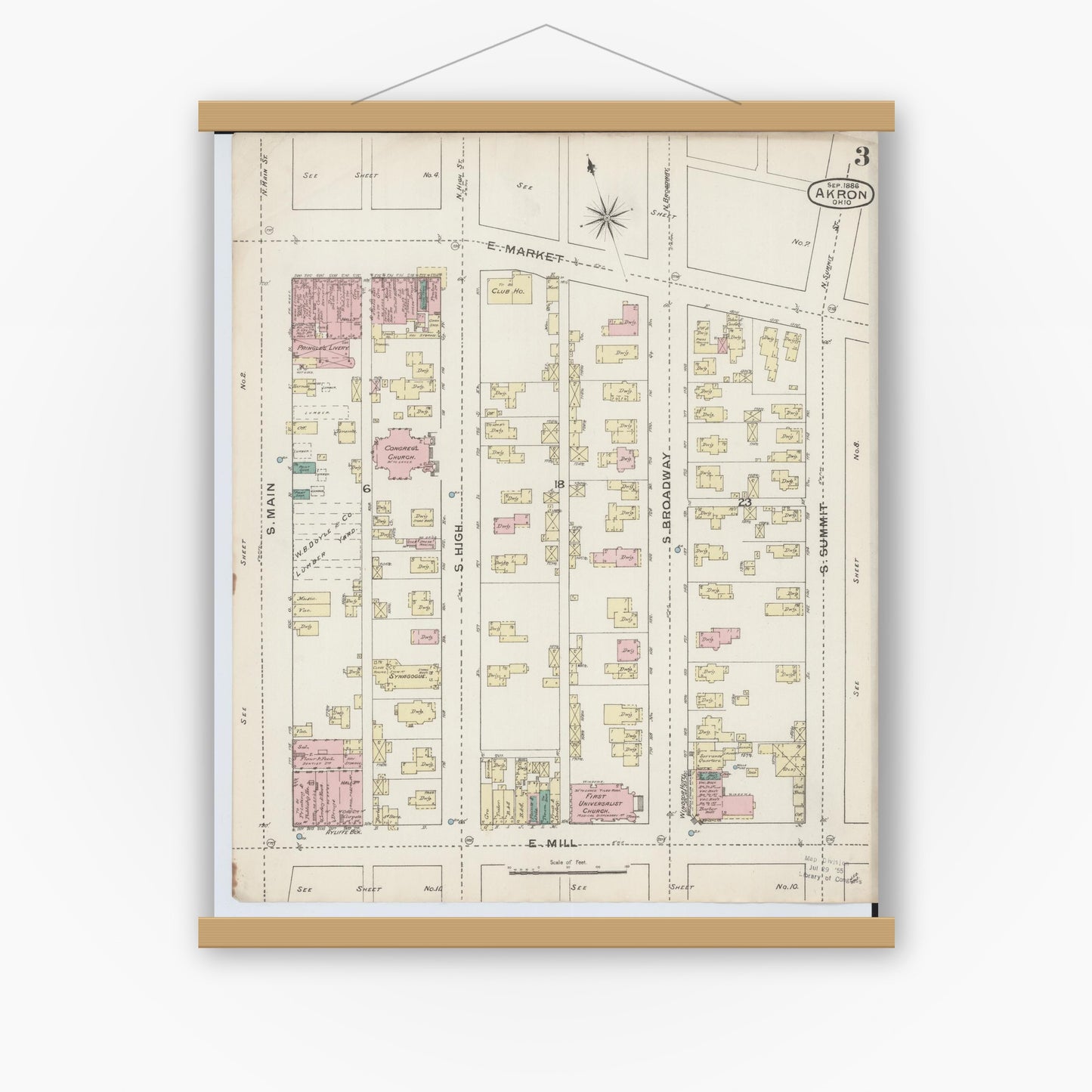Old map wall art mockup — magnetic wood frame on white wall — Sanborn Fire Insurance Map from Akron, Summit County, Ohio (1886), Sheet #0003