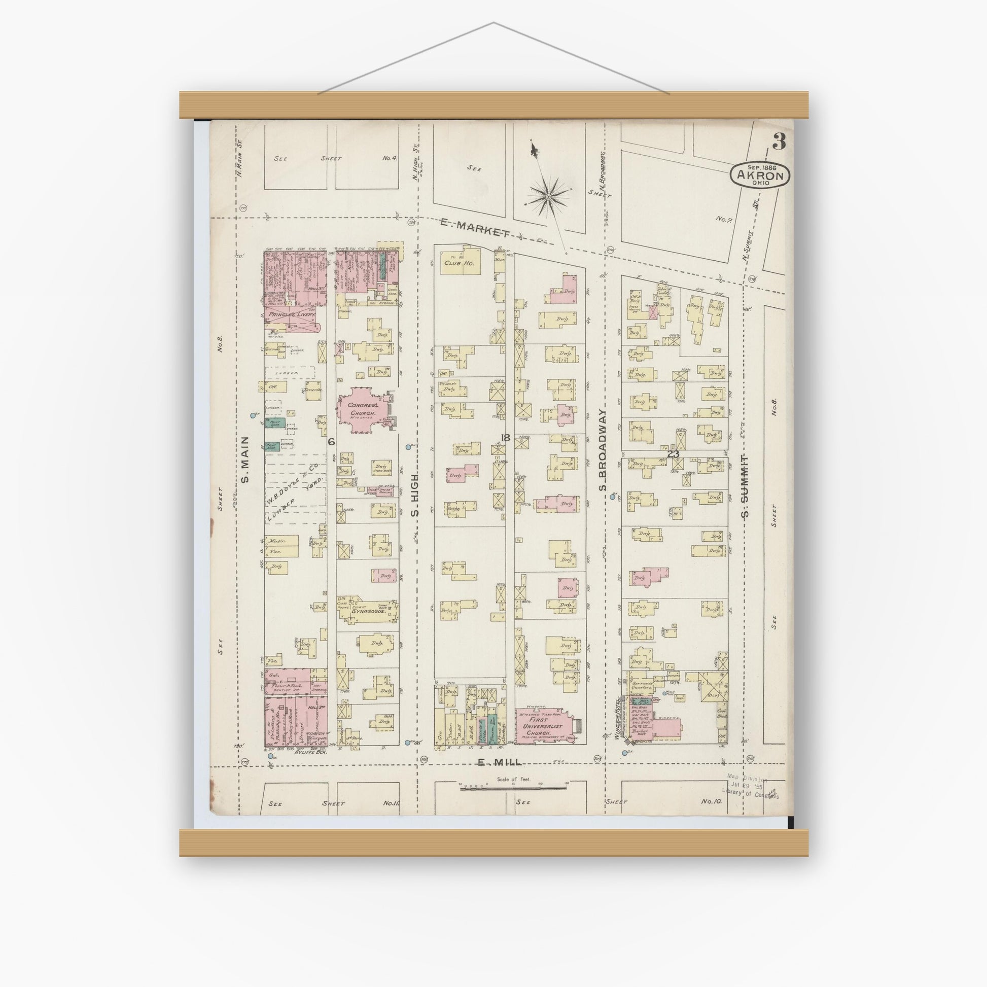 Old map wall art mockup — magnetic wood frame on white wall — Sanborn Fire Insurance Map from Akron, Summit County, Ohio (1886), Sheet #0003