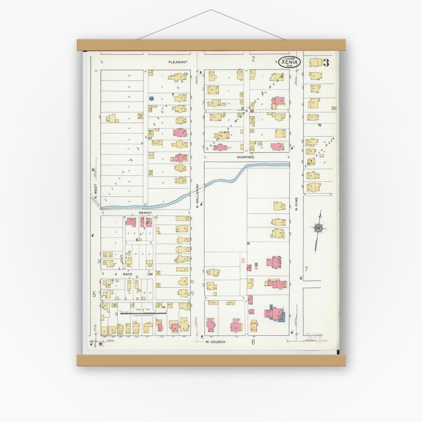 Old map wall art mockup — magnetic wood frame on white wall — Sanborn Fire Insurance Map from Xenia, Greene County, Ohio (1919), Sheet #0003