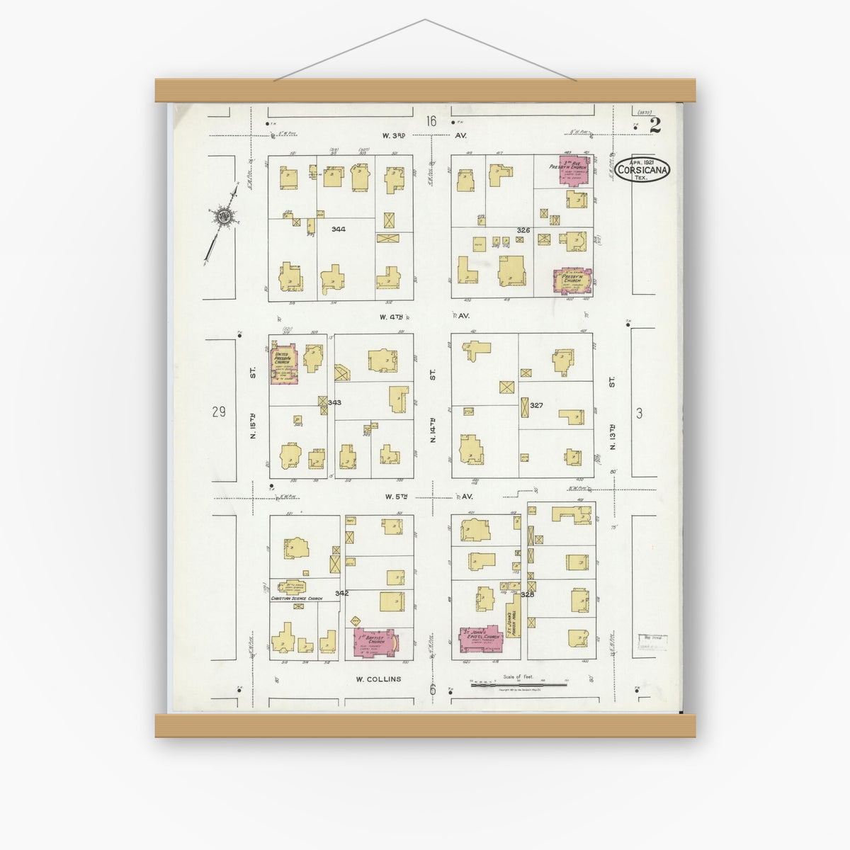 Old map wall art mockup — magnetic wood frame on white wall — Sanborn Fire Insurance Map from Corsicana, Navarro County, Texas (1921), Sheet #0002