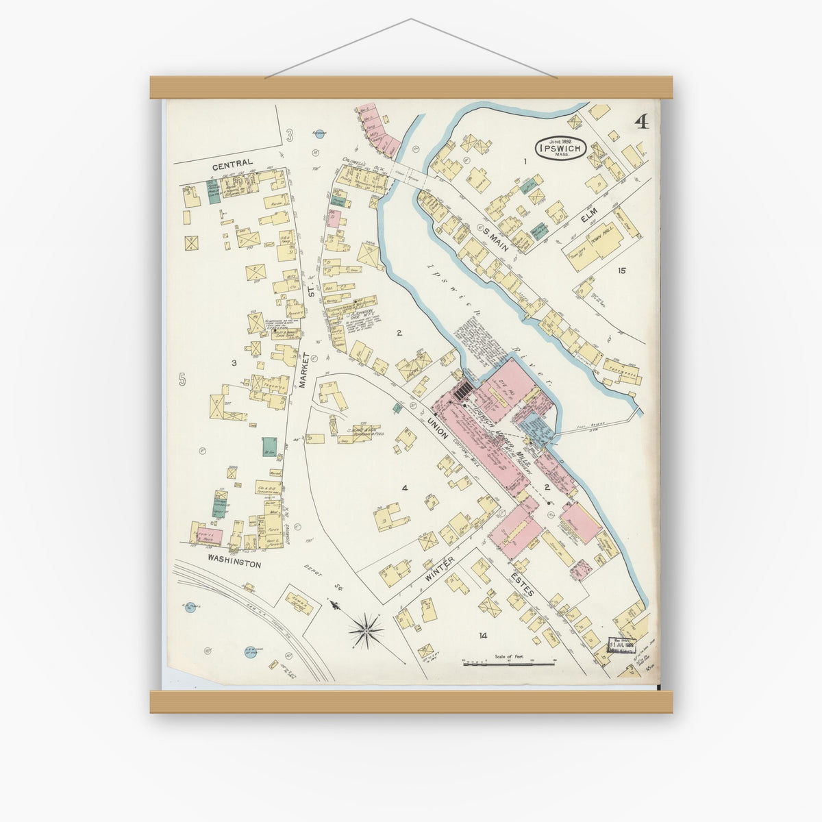 Old map wall art mockup — magnetic wood frame on white wall — Sanborn Fire Insurance Map from Ipswich, Essex County, Massachusetts (1892), Sheet #0004