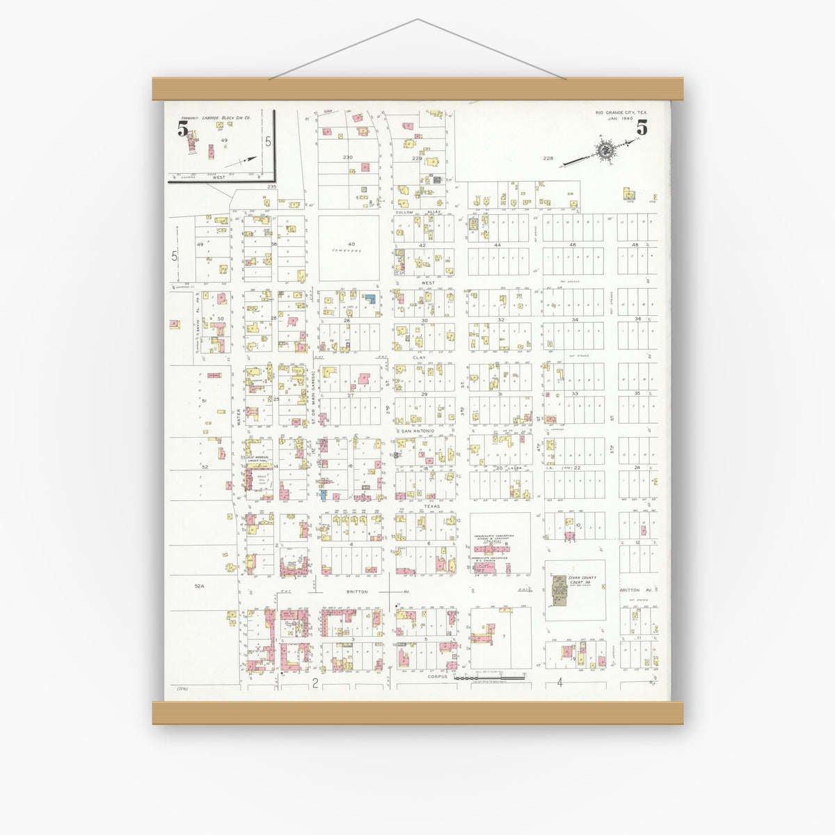Old map wall art mockup — magnetic wood frame on white wall — Sanborn Fire Insurance Map from Rio Grande City, Starr County, Texas (1940), Sheet #0005