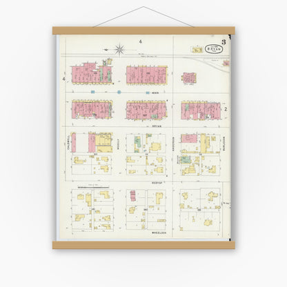Old map wall art mockup — magnetic wood frame on white wall — Sanborn Fire Insurance Map from Bryan, Brazos County, Texas (1896), Sheet #0003