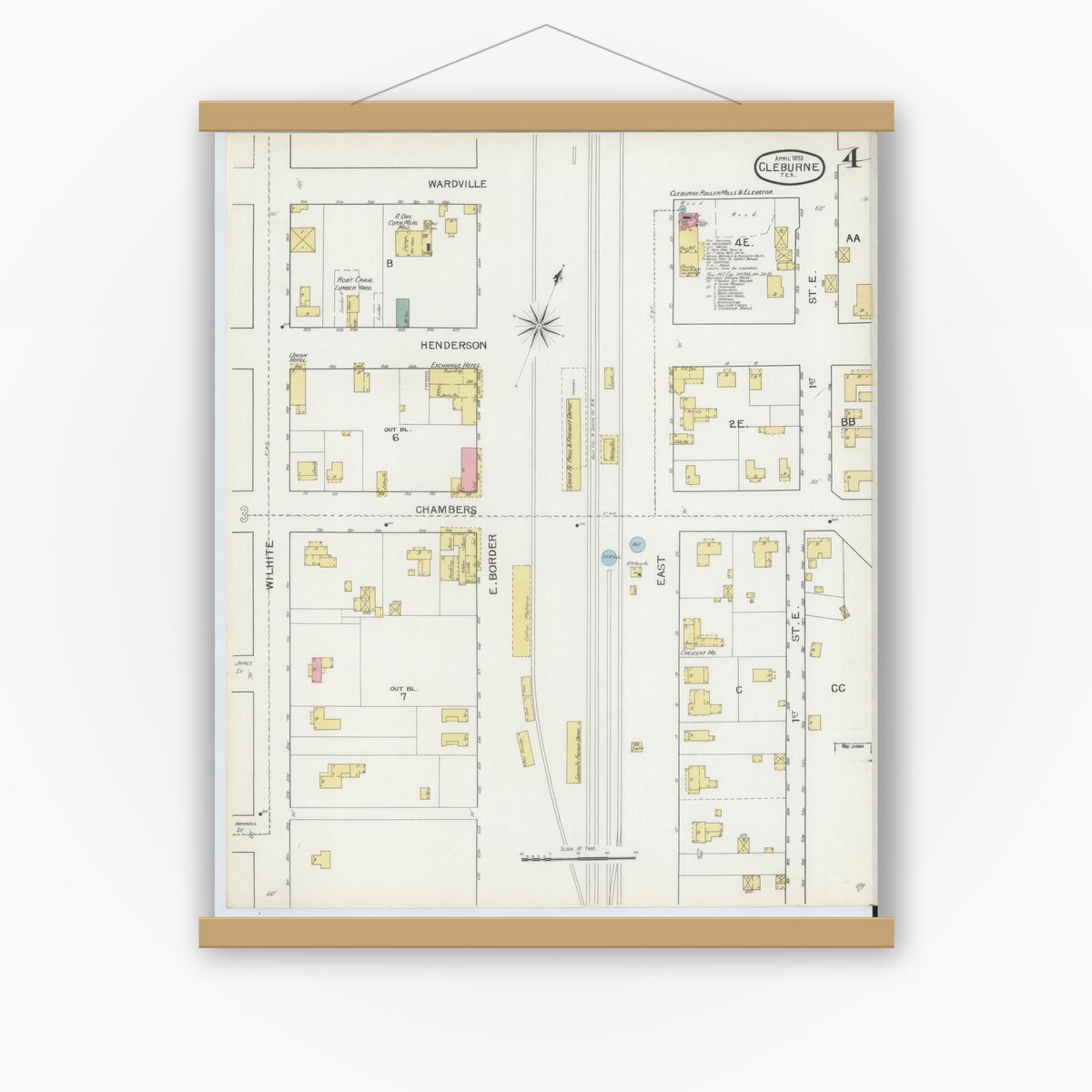 Old map wall art mockup — magnetic wood frame on white wall — Sanborn Fire Insurance Map from Cleburne, Johnson County, Texas (1893), Sheet #0004