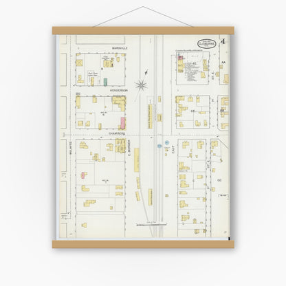 Old map wall art mockup — magnetic wood frame on white wall — Sanborn Fire Insurance Map from Cleburne, Johnson County, Texas (1893), Sheet #0004