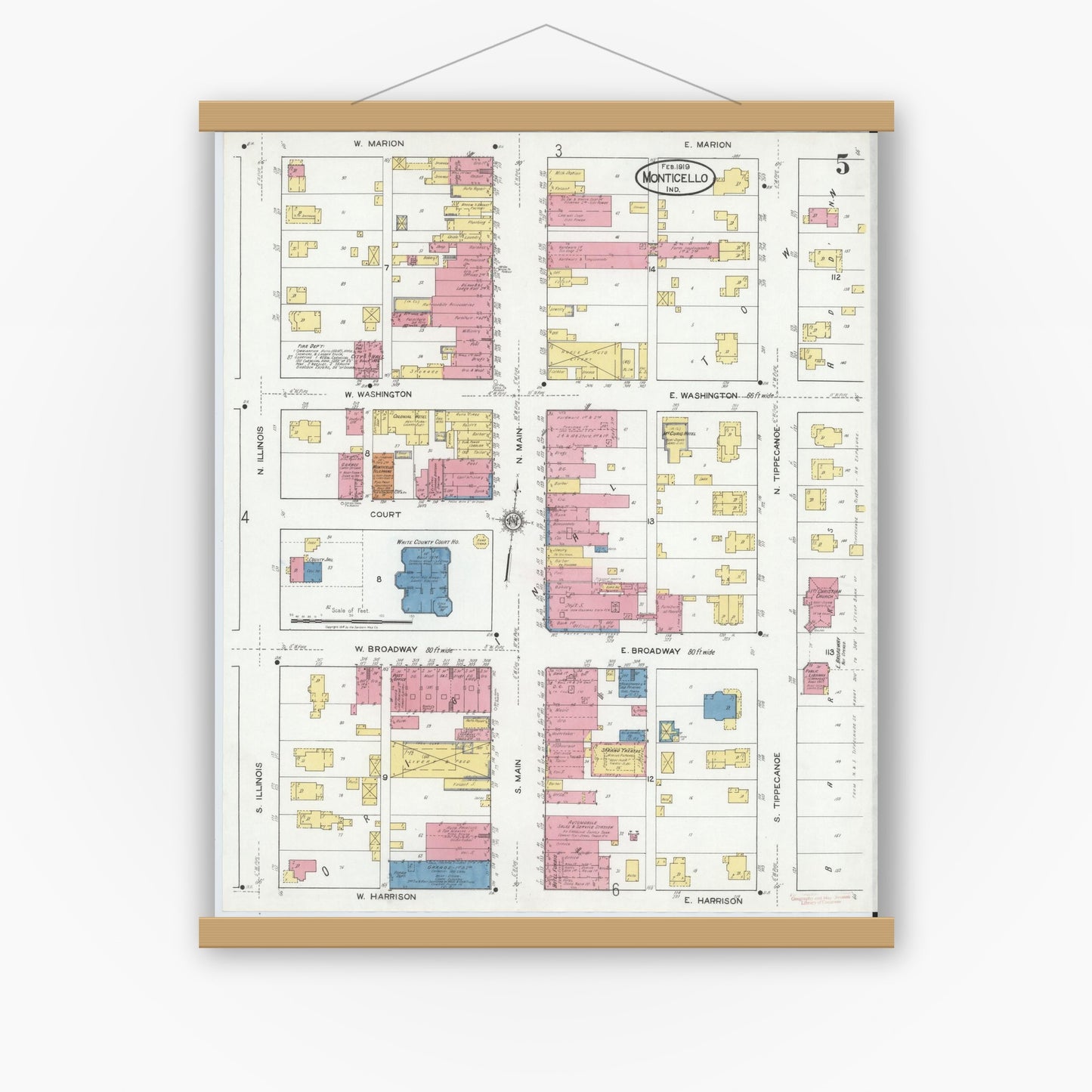 Old map wall art mockup — magnetic wood frame on white wall — Sanborn Fire Insurance Map from Monticello, White County, Indiana (1919), Sheet #0005