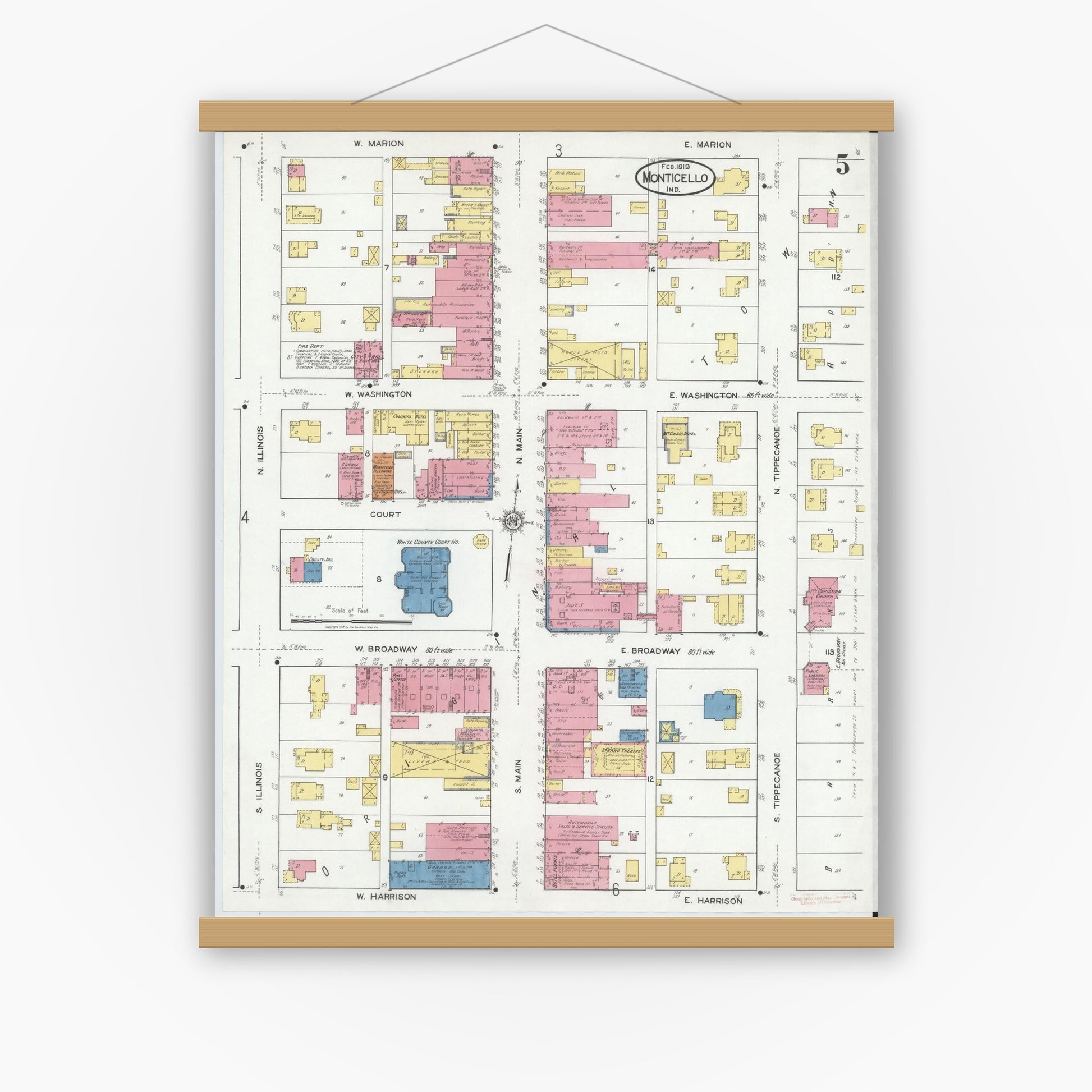 Old map wall art mockup — magnetic wood frame on white wall — Sanborn Fire Insurance Map from Monticello, White County, Indiana (1919), Sheet #0005
