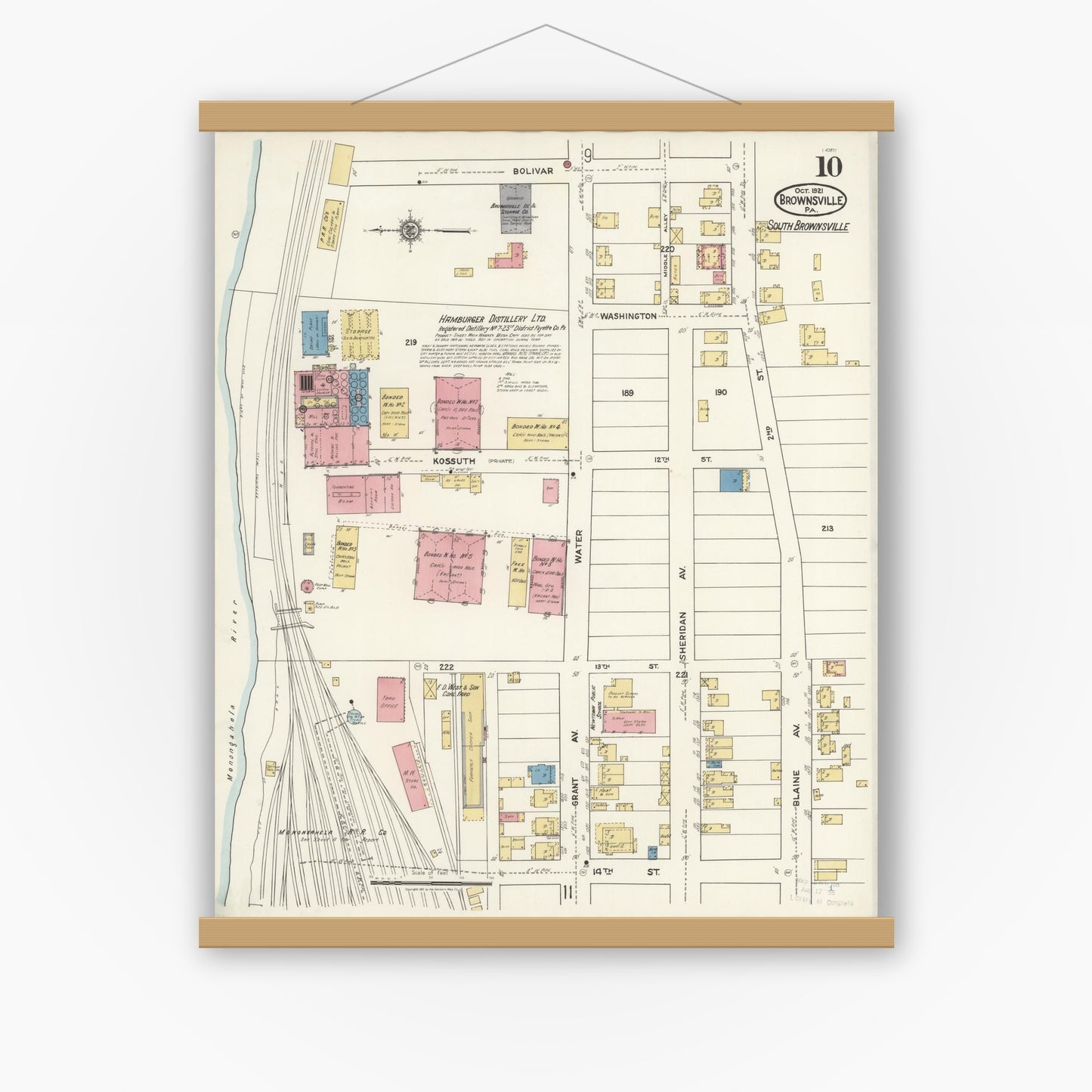 Old map wall art mockup — magnetic wood frame on white wall — Sanborn Fire Insurance Map from Brownsville, Fayette County, Pennsylvania (1921), Sheet #0010