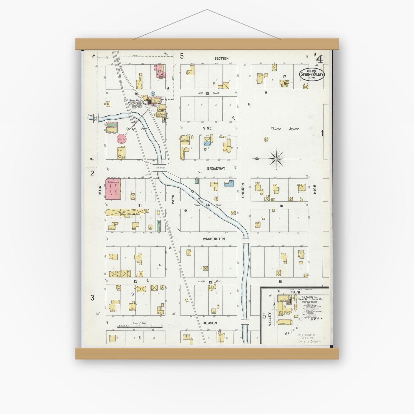 Old map wall art mockup — magnetic wood frame on white wall — Sanborn Fire Insurance Map from Spring Valley, Fillmore County, Minnesota (1900), Sheet #0004