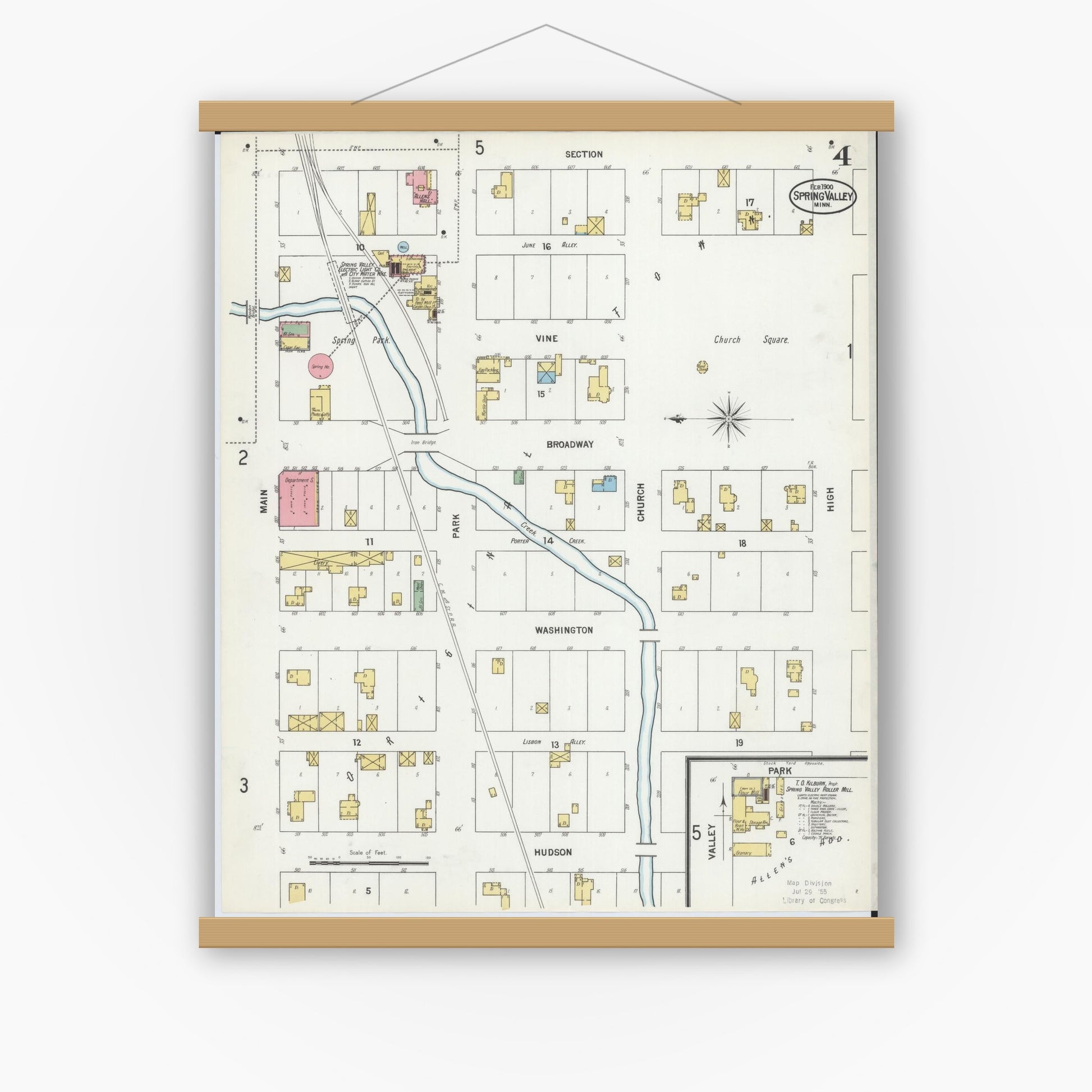 Old map wall art mockup — magnetic wood frame on white wall — Sanborn Fire Insurance Map from Spring Valley, Fillmore County, Minnesota (1900), Sheet #0004