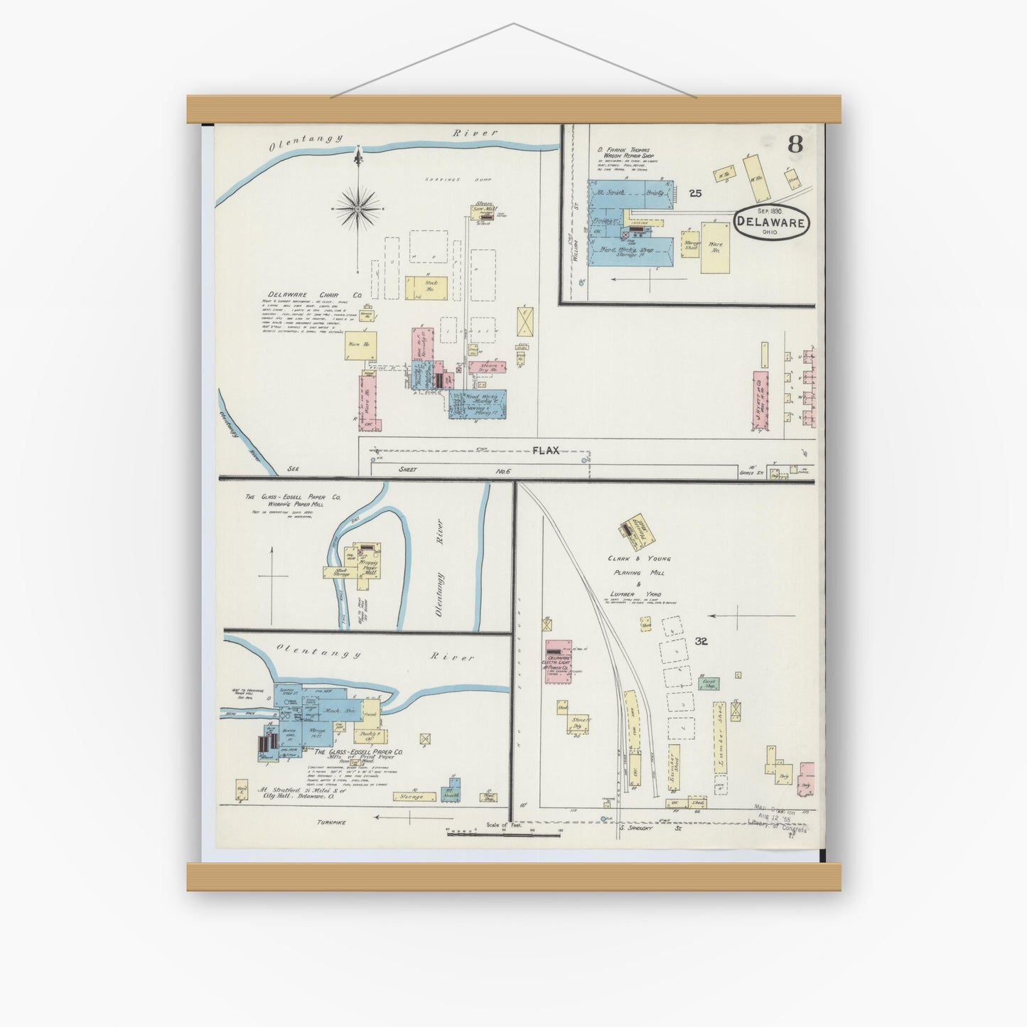 Old map wall art mockup — magnetic wood frame on white wall — Sanborn Fire Insurance Map from Delaware, Delaware County, Ohio (1890), Sheet #0008