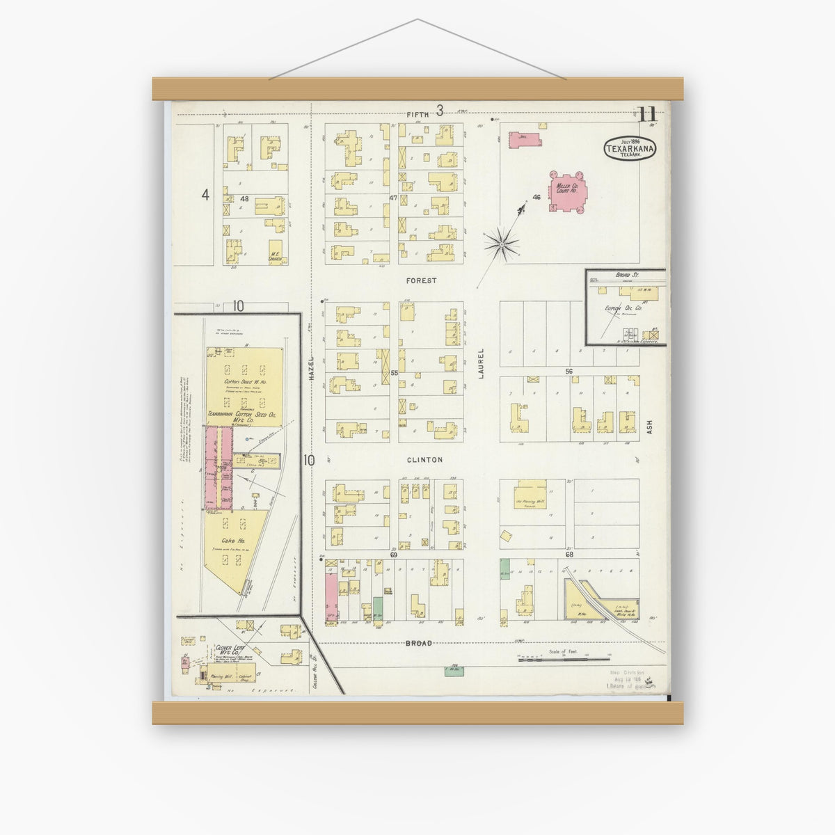Old map wall art mockup — magnetic wood frame on white wall — Sanborn Fire Insurance Map from Texarkana, Bowie County, Texas (1896), Sheet #0011