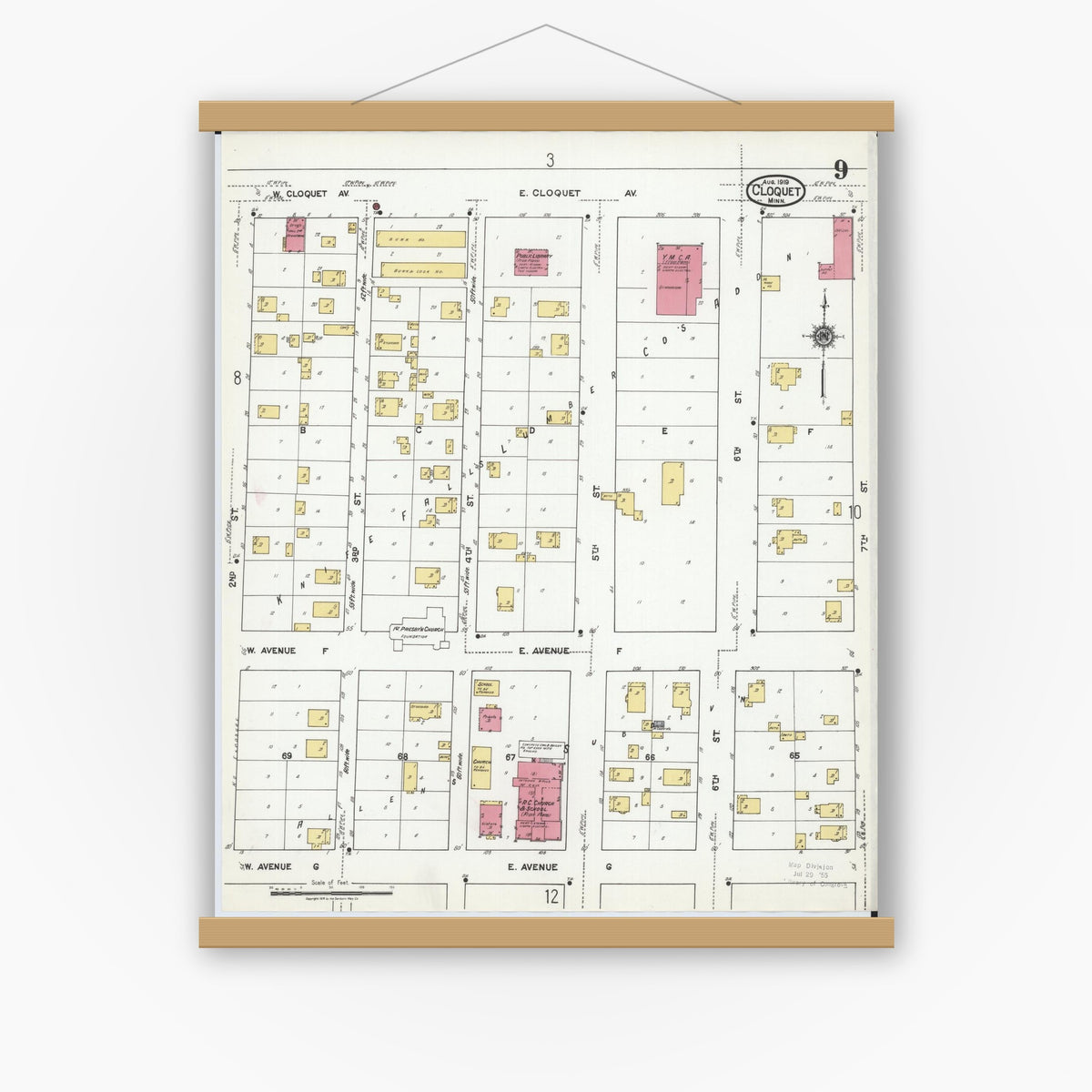Old map wall art mockup — magnetic wood frame on white wall — Sanborn Fire Insurance Map from Cloquet, Carlton County, Minnesota (1919), Sheet #0009