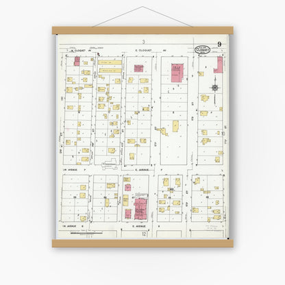 Old map wall art mockup — magnetic wood frame on white wall — Sanborn Fire Insurance Map from Cloquet, Carlton County, Minnesota (1919), Sheet #0009