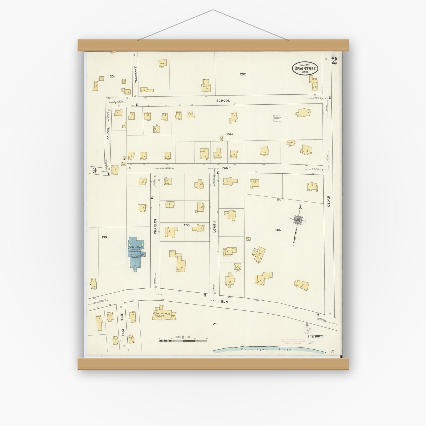 Old map wall art mockup — magnetic wood frame on white wall — Sanborn Fire Insurance Map from Braintree, Norfolk County, Massachusetts (1911), Sheet #0002