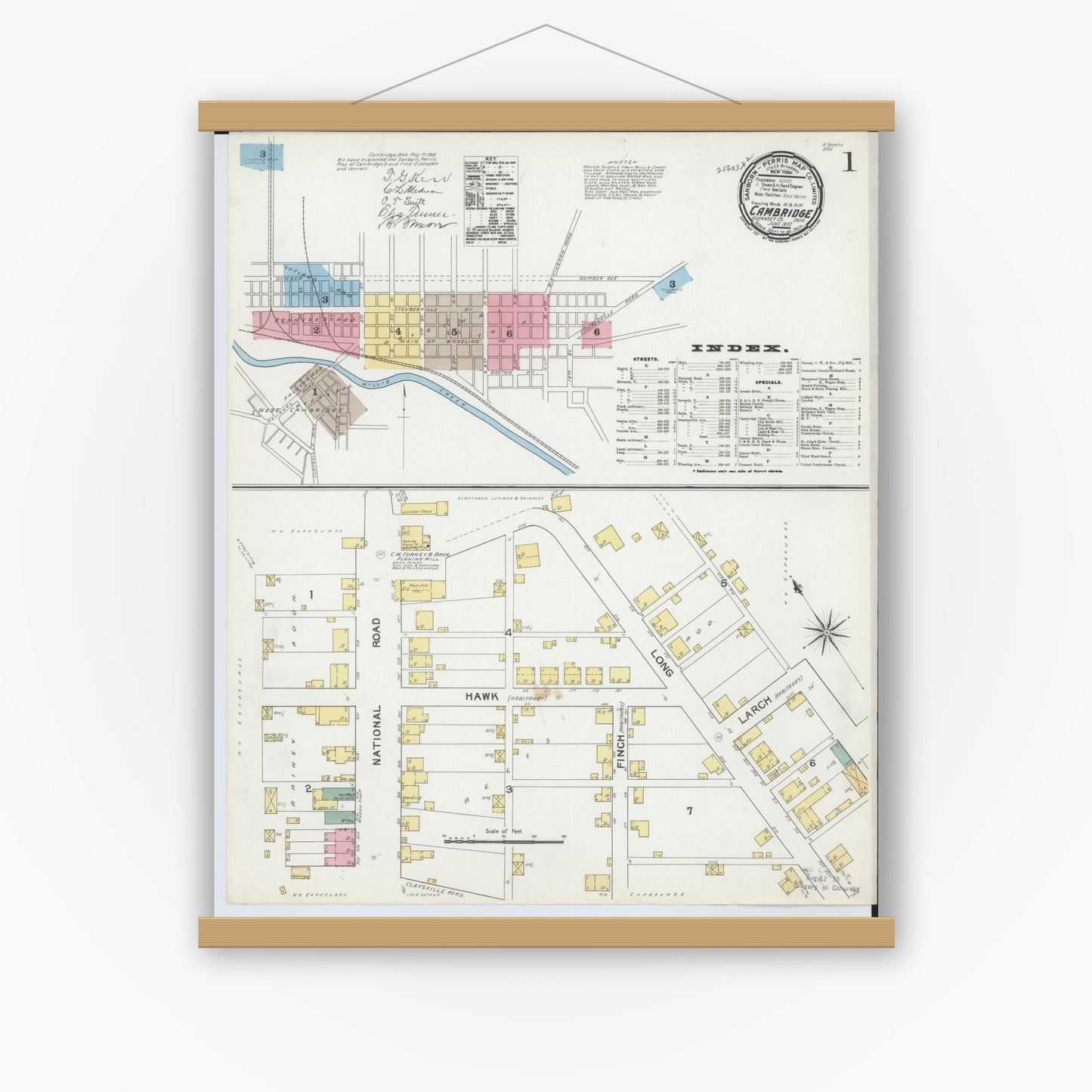 Old map wall art mockup — magnetic wood frame on white wall — Sanborn Fire Insurance Map from Cambridge, Guernsey County, Ohio (1892) - Complete Map Set